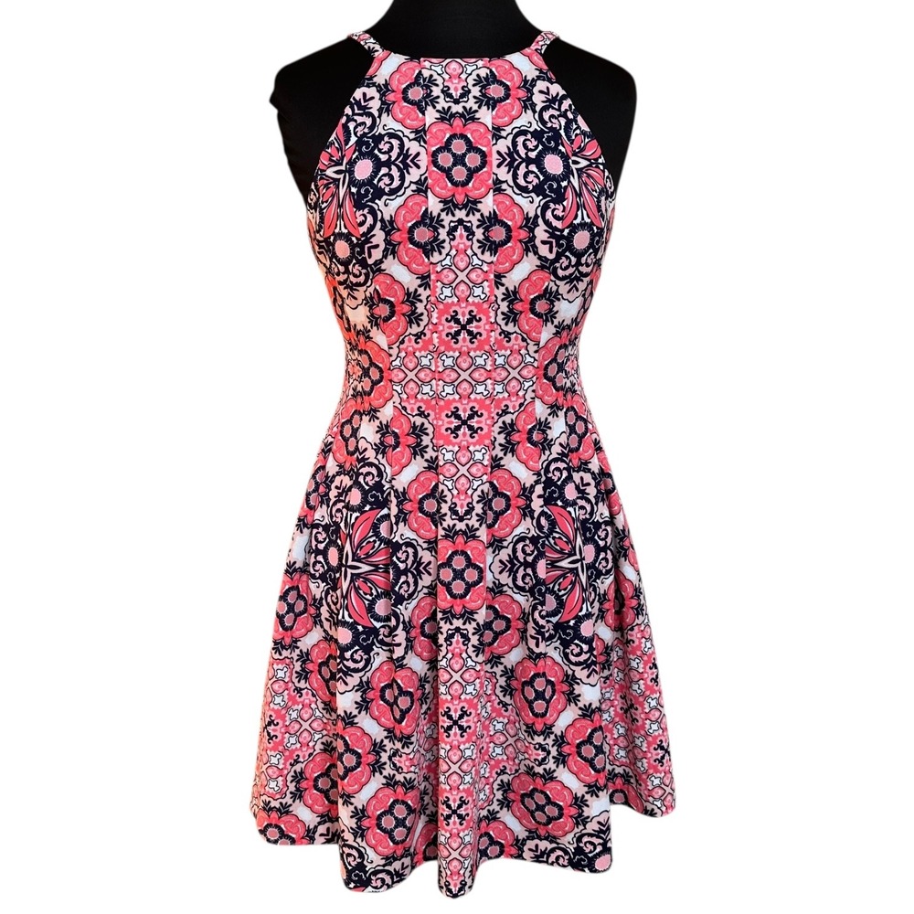Vince Camuto Geometric Print Fit Flare Dress Pink Navy White‎ Size 4
